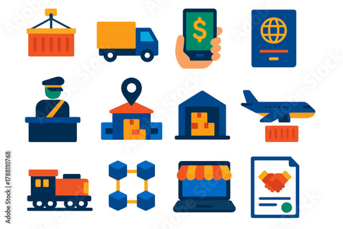 Global Trade Icons. Flat vector icons of global trade today: shipping container crane, delivery truck, digital payment,