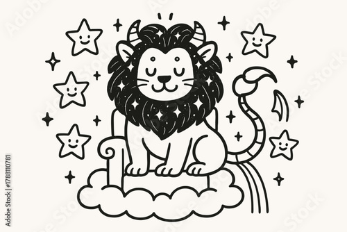 Manticore's Jewel-Adorned Throne. A doodle illustration of a manticore sitting on a cloud throne, surrounded by happy stars, its