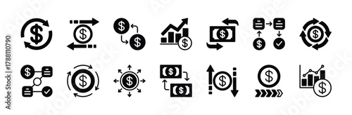 Money cash flow icon vector set. Contains financial arrow, exchange, transfer, refund, earning income, outcome, management, growth chart, expense, transaction, revenue, profit- illustration