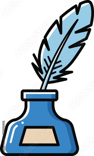 Quill pen in blue inkwell icon vector illustration representing traditional writing tool, classic literature, historical communication, and creative expression concept.