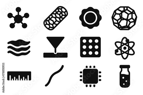 Nanotechnology Icons Collection. Solid style icons of nanochemistry: nanoparticle cluster, carbon nanotube, quantum dot, nano cage