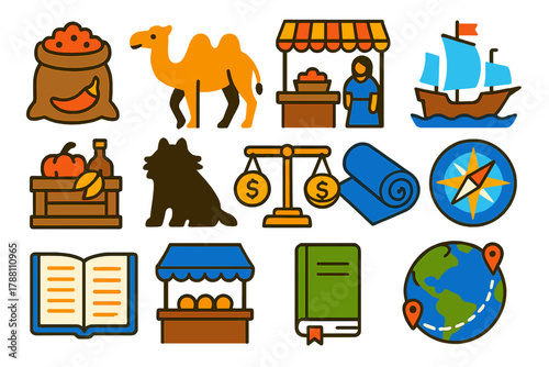 Trade History Icons. Flat vector icons of trade history: spice sack, caravan camel, medieval market, merchant ship, colonial goods