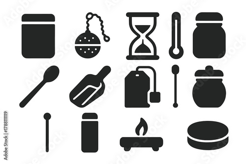 Tea Accessories Icons. Solid style icons of tea accessories: tea canister, infuser ball, tea timer, thermometer, tea spoon, scoop