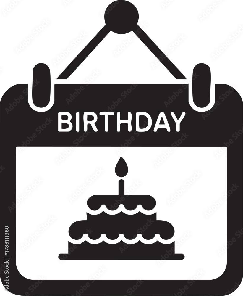 Fototapeta premium Black and white icon shows a birthday cake hanging from a hook