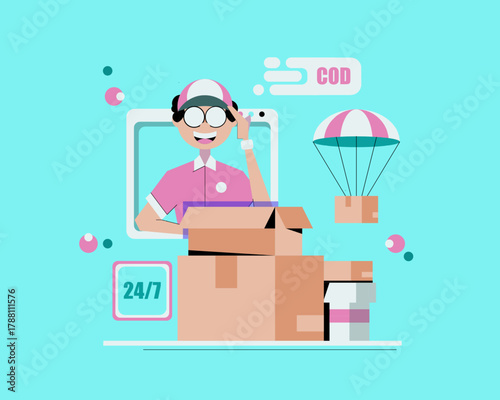 Illustration of a delivery service concept showing a cheerful courier surrounded by packages, online order screen, COD label, and 24/7 service icon, symbolizing fast and reliable logistics.