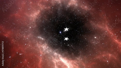 A cosmic scene, a dark void with two bright stars in its center amidst a red nebula