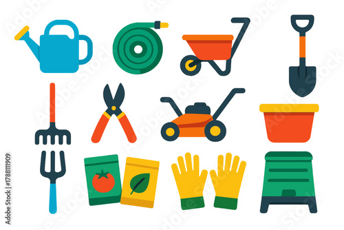Gardening Tools Icons. Flat vector icons of gardening equipment: watering can, garden hose, wheelbarrow, shovel, rake, pruning