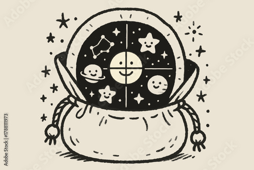 Starry Reticule Surprise. A doodle scene of a reticule opening to reveal a gridded sight inside, glowing with smiling