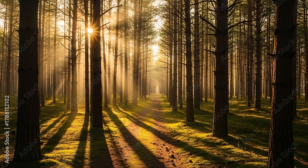 Obraz premium Enchanting Forest Path Bathed in Golden Light, Inviting a Serene Journey Through Nature's Embrace at Dawn