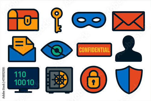 Sociology of Secrecy Icons. Flat vector icons of sociology of secrecy concepts: locked chest, key, mask, closed envelope, hidden