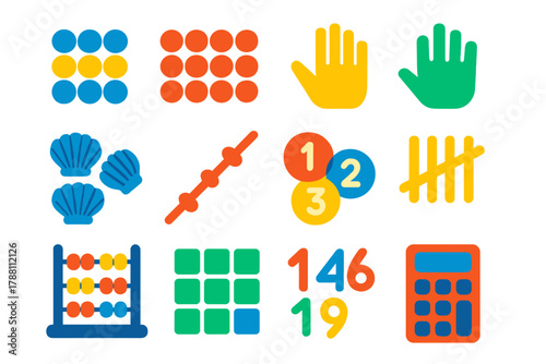 Bright Counting Icons. Flat vector icons of counting systems and numeration: base-10, base-20, tally marks, finger counting, shell