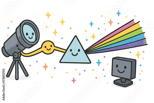 Cheerful Spectral Mapping. Friendly doodle spectral line mapping with happy telescopes, cartoon light beams splitting into