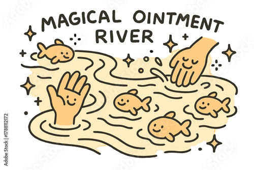 Magical Healing River. A doodle of a magical river of ointment where smiling fish swim and happy hands dip in to be healed,