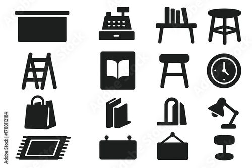 Bookshop Icons Collection. Solid style icons of bookshop interior: counter, cash register, book display table, ladder, poster,