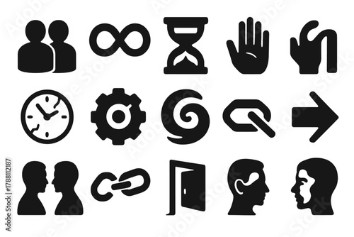 Paradox Icon Collection. Solid style icons of paradox concepts: duplicate figure, infinite loop, mirrored hourglass, vanishing