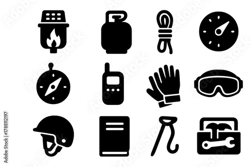 Balloon Equipment Icons. Solid style icons of balloon equipment: burner flame, propane tank, control rope, altimeter, compass,