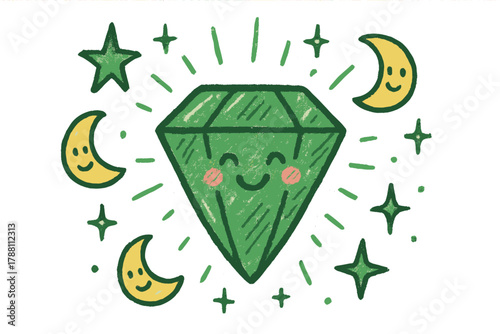 Smiling Emerald Doodle. A doodle of a smiling emerald gem glowing smaragdine green, surrounded by twinkling stars, cheerful moons,