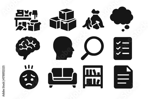Hoarding Icons Collection. Solid style icons of hoarding behavior and psychology: cluttered room, cardboard boxes, trash pile,