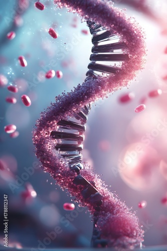 Intricate spiral DNA helix with flowing particles, glowing in soft light, representing scientific advancement and biological structure.