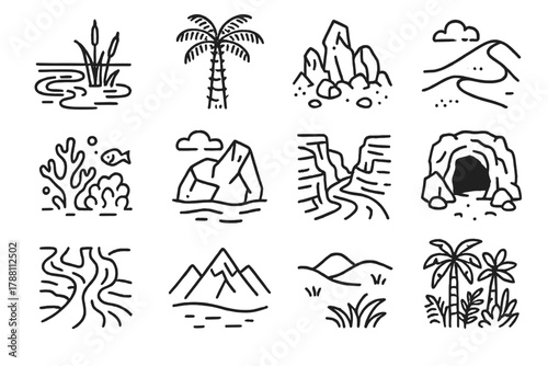Ancient Environment Icons. Line style icons of ancient environments: swamp, fern tree, volcanic rock, desert dune; coral reef,