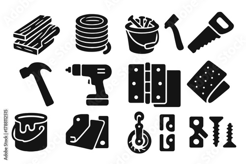 DIY Materials Icons. Solid style icons of DIY materials: wood planks, rope coil, bucket of nails, saw, hammer, drill, hinges,