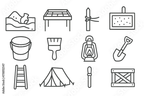 Field Excavation Icons. Line style icons of field excavation: dig site, grid frame, stake, rope; sieve tray, bucket, brush,