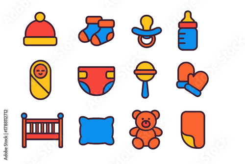 Newborn Essentials Icons. Flat vector icons of Newborn Essentials: baby hat, tiny socks, pacifier, baby bottle, swaddle blanket,
