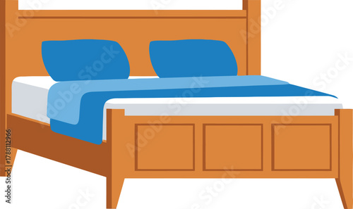 Stylized cartoon bed illustration featuring a classic wooden frame, comfortable blue pillows, and matching blue bedding, presented in a clean, flat design style, isolated for versatile use.