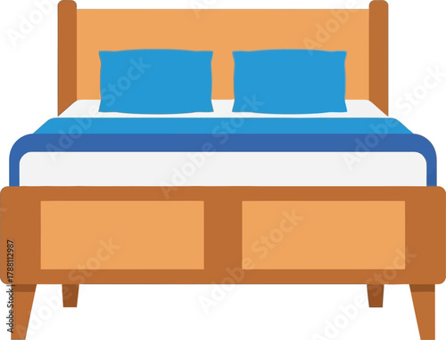 Simple flat design vector illustration of a comfortable bed with a wooden frame, blue pillows, and a matching blue duvet, perfect for sleep and relaxation concepts.