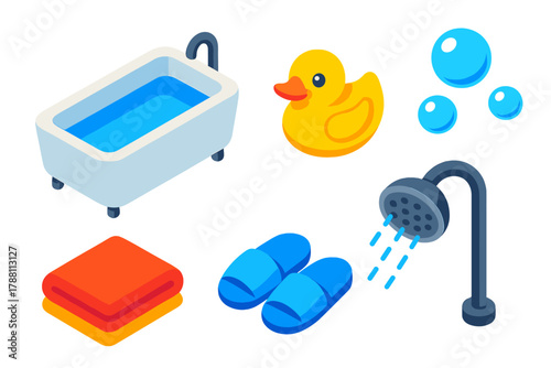 Modern Bathing Essentials. Isometric vector illustration set Modern Bathing: rectangular bathtub, cute rubber duck, glossy bubbles