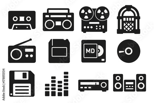 Retro Audio Icons. Solid style icons of retro audio: cassette tape, boombox, reel-to-reel, jukebox, radio, 8-track, mini disc, CD