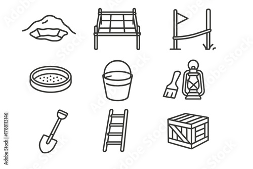 Field Excavation Icons. Line style icons of field excavation: dig site, grid frame, stake, rope; sieve tray, bucket, brush,