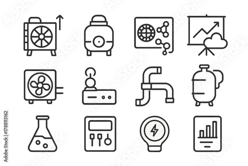 Green Innovation Icons. Line style icons of Green Innovation: Direct Air Capture, Storage Chamber, Molecule Filter, Climate