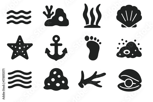 Ocean Floor Icons. Solid style icons of ocean floor: sandy bottom, coral rock, seaweed, shell, starfish, ship anchor, footprint,