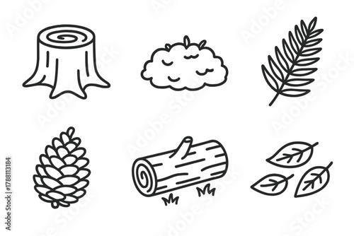 Forest Element Icons. Line style icons of forest environment: tree stump, moss patch, fern leaf, pine cone, fallen log, leaf
