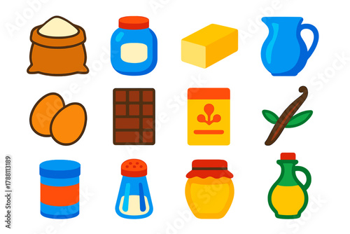 Baking Ingredients Icons. Flat vector icons of baking ingredients: sack of flour, sugar jar, butter stick, milk jug, eggs,