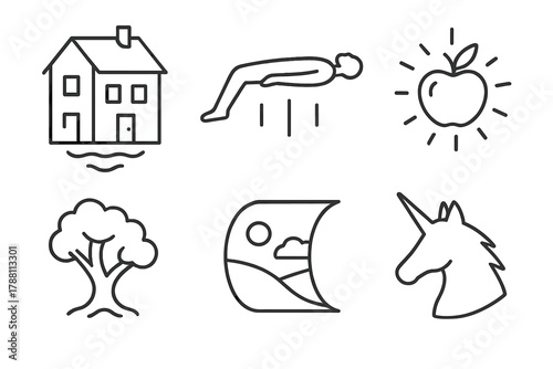 Magic Realism Icons. Line style icons of Magic Realism: floating house, levitating figure, glowing fruit, surreal tree, bending