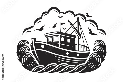 Silhouette of a fishing boat navigates ocean waves below soaring birds and puffy clouds