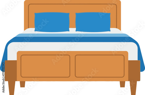 Illustration of a comfortable bedroom bed with a wooden frame, blue pillows, and a striped blue and white blanket, perfect for home interiors