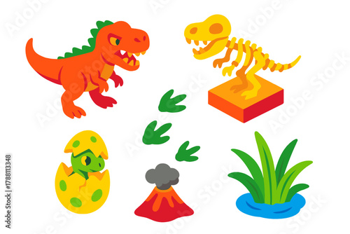 Jurassic Icons Collection. Isometric vector illustration set Jurassic Creatures: angry T-Rex, fossil bone display, hatched egg,