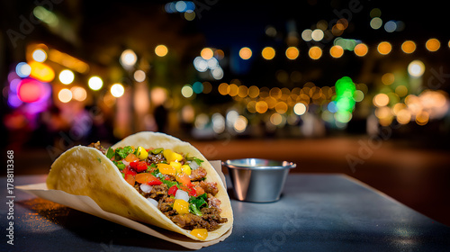 Fototapeta Naklejka Na Ścianę i Meble -  A close-up of a taco filled with meat, lettuce, tomatoes, and cheese. A small metal cup is beside it. The background features blurred city lights at night.