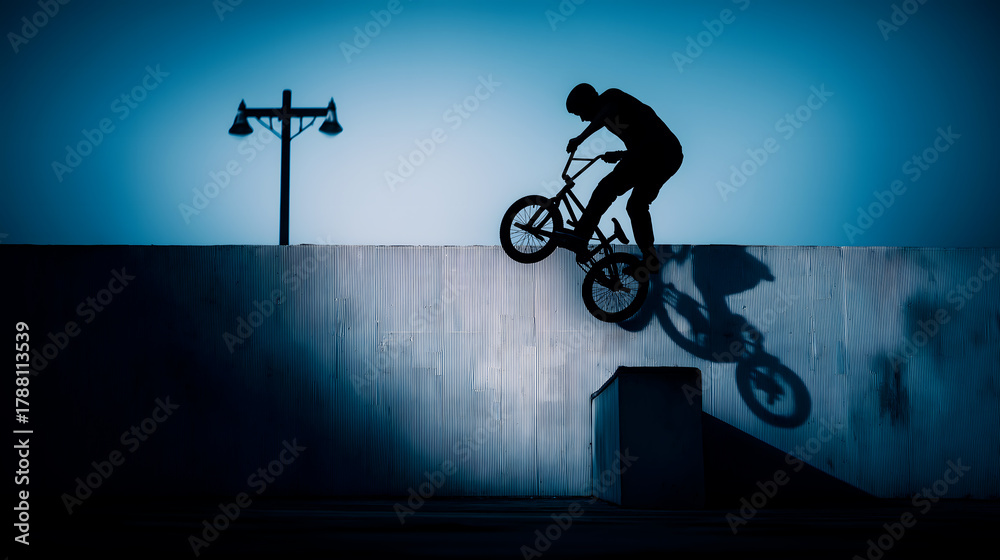 Fototapeta premium Silhouette of a young man performing a BMX trick on a ramp. The scene is set against a blue background with a streetlight in the distance.