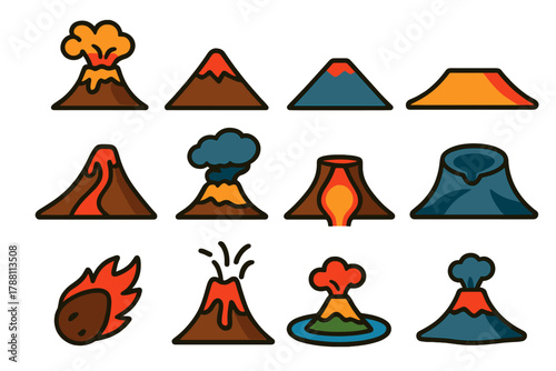 Flat Volcano Icons. Flat vector icons of volcanoes: erupting volcano, dormant volcano, stratovolcano, shield volcano, lava flow,
