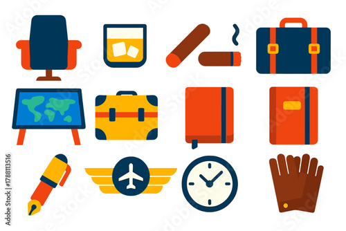 Pilot Lifestyle Icons. Flat vector icons of Pilot Lifestyle: aviator chair, whiskey glass, cigar, suitcase, map table, photo frame