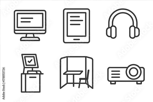 Library Line Icons. Line style icons of modern library: computer terminal, e-reader, headphones, self-checkout, study booth,