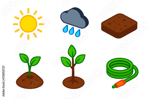 Environmental Growth Icons. Isometric vector illustration set Environmental Growth: glowing sun, storm rain, garden soil, fresh