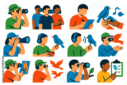 Colorful Birdwatching Icons. Flat vector icons of birdwatching activities: birder with binoculars, birdwatching group, person