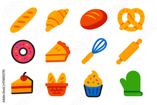 Bakery Flat Icons. Flat vector icons of Traditional Bakery: baguette, croissant, sourdough loaf, pretzel, donut, pie, whisk,