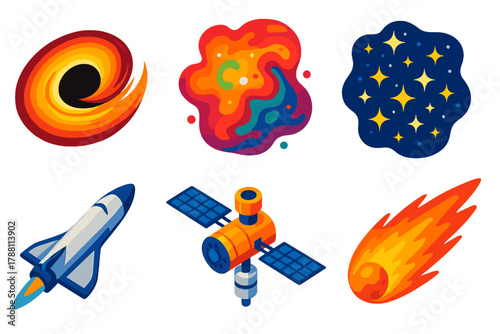 Vivid Space Icons. Isometric vector illustration set Space Travel: event horizon black hole, bright nebula, star cluster,