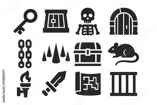 Forgotten Dungeon Icons. Solid style icons of Forgotten Dungeons: Rusty Key, Trapdoor, Skeleton, Dungeon Gate, Chains, Spikes,